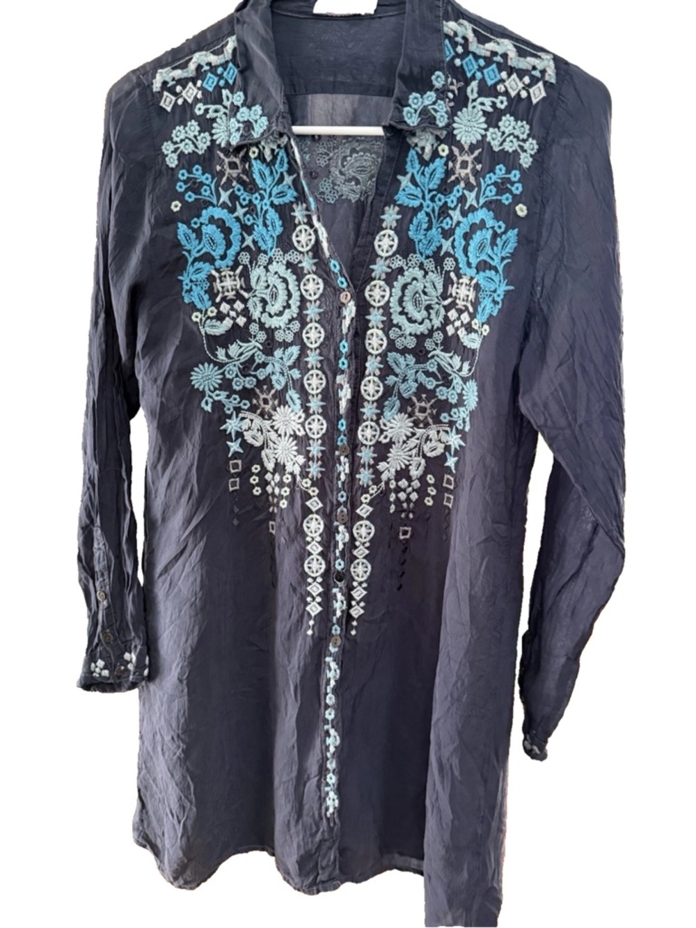 JOHNNY WAS Blue Embrodiered Tunic Blouse Top  Size S